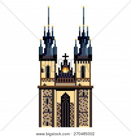 Pixel Art Prague Tyn Church City Symbol Detailed Illustration Isolated Vector