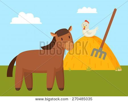 Brown Horse Grazing On Green Lawn Colorful Banner, Vector Illustration Of Domestic Animal On Rural Y