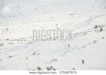 Skitouring With Amazing View Of Mountains In Beautiful Winter Powder Snow