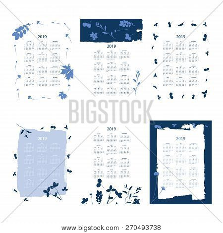Vector Of 2019 New Year Calendar With Plants On Cyanotype Texture. Holiday Event Planner. Week Start