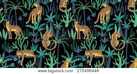 Vestor Seamless Pattern With Leopards And Tropical Leaves.