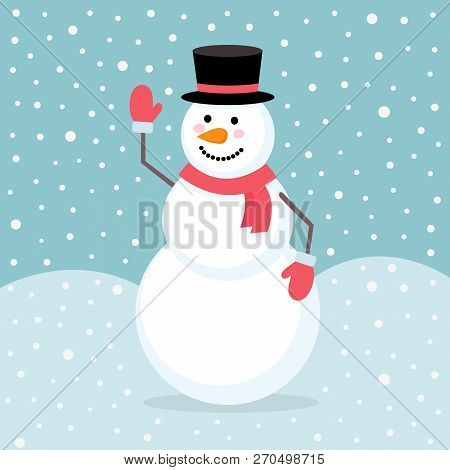 Happy Cute Snowman In Black Hat, Red Scarf And Gloves On Background With Snowflakes. Merry Christmas