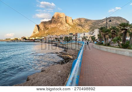 Sferracavallo, Sicily, Italy - October 1, 2018: Waterfront Promenade At Afternoon In Sferracavallo V