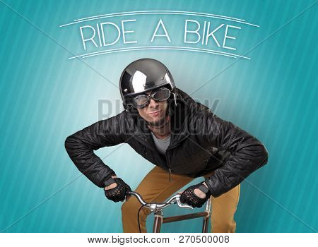 Kooky young guy on a bike with cyclist keywording and streaky background