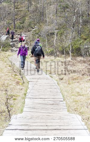 Preikestolhytta , Norway - May 13, 2017: Tourists On Trail To Preikestolen On May 13, 2017 In Preike