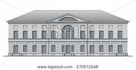 Grayscale Classic Facade Of Antique Building. Historic House In Linear Style