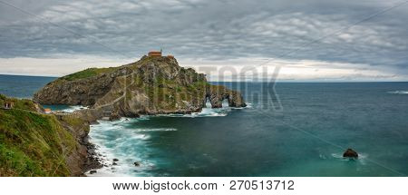 San Juan De Gaztelugatxe Long Exposure Wide Panorama With Clouds