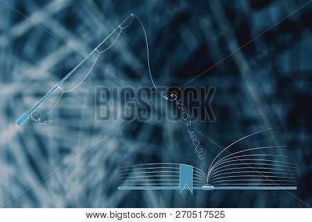 Education And Stdies Conceptual Illustration: Open Book With Fishing Rod Catching The Word Knowledge