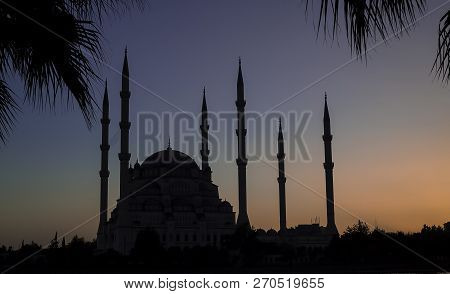 Adana / Turkey, Sabanci Central Mosque Night View. Travel Concept Photo.