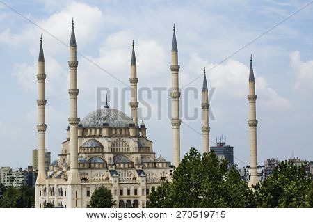Adana / Turkey, Sabanci Central Mosque View. Travel Concept Photo.
