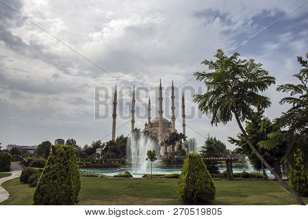 Adana / Turkey, Sabanci Central Mosque View. Travel Concept Photo.