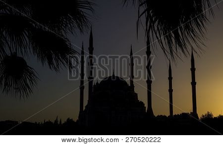 Adana / Turkey, Sabanci Central Mosque Night View. Travel Concept Photo.