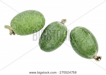 Tropical Fruit Feijoa Acca Sellowiana Isolated On White Background. Top View. Flat Lay Pattern