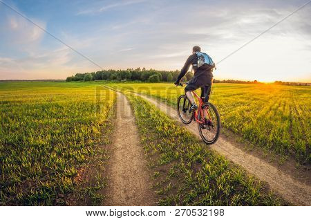 Cyclist On A Dirt Road In A Field At Sunset, Cycling On A Summer Evening, Sown Field Landscape