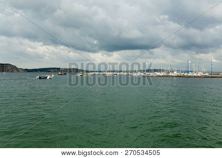 Morgat, France 29 May 2018 Panoramic Outdoor View Of Sete Marina Many Small Boats And Yachts Aligned