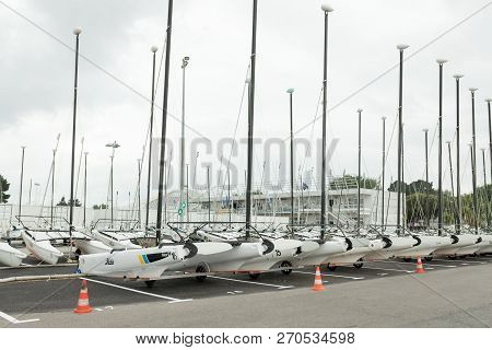 Morgat, France 29 May 2018 Catamarans Storage Without Sails Parked On The Beach.