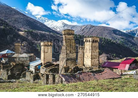 Picturesque Landscape Of Aged Georgian Rural Community Ushguli With Typical Svaneti Defensive Tower 