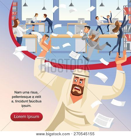 Angry Boss Screams In Chaos At His Subordinates. Stressed Banner Vector Cartoon Characters. Office W
