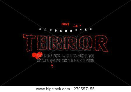 Stock Vector Hollow Sans Serif Handcrafted Font, Alphabet, Typography. Letters And Numbers For Movie