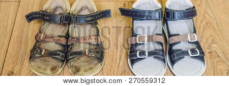 Old And New Childrens Orthopedic Shoes. Thomas Heel, Arch Support Banner, Long Format