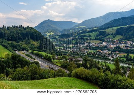 Beautiful View Of Mountains And Entrance To Autobahn Tunnel Near Village Of Werfen, Austria
