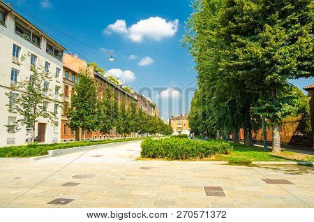 Piazza Sant'ambrogio Square Alley Street Green Trees, Milan, Italy