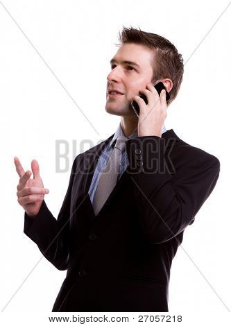 Portré fiatal üzletember a telefon fehér háttér