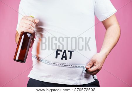 Overeating, Estrogen Level, Excess Food, Glutton, Alcohol Addiction, Junk Food. Fat Obese Man With B