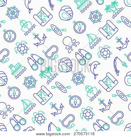 Sea And Ocean Journey Seamless Pattern With Thin Line Icons: Sailboat, Fishing, Ship, Oysters, Ancho