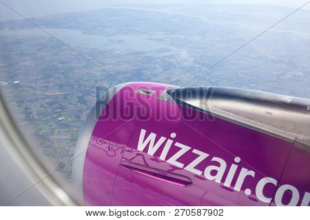 Luton/england - October 11, 2018: View From Wizz Air Plane During Flight On Sunny Day.