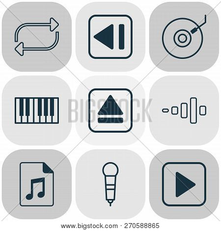 Audio Icons Set With Synthesizer, Dj Disc, Eject Button And Other Document Elements. Isolated  Illus