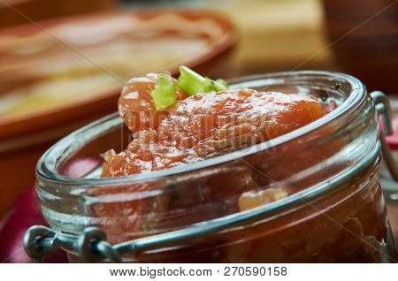 Rokt Laks, Smoked Salmon, Norwegian  Cuisine,  Traditional Assorted Dishes, Top View.
