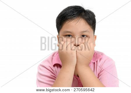 Obese Fat Boy With Nervous Expression And Nail Biting Isolated On White Background, Chronic Onychoph