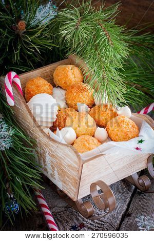 Coconut Cookies Macarons With Copra On A White Background Closeup