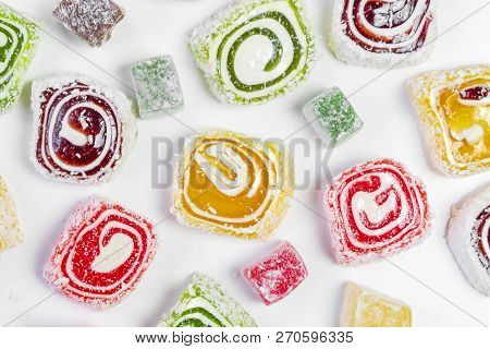 Sweet Candy Background. Colored Candy On White Background. Oriental Sweets.