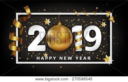 New Year Typographical Cretaive Background 2019 With Christmas Golden Ball Bauble And Stripes Elemen