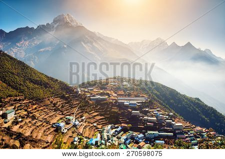 View Of Namche Bazaar Village On The Way To Everest Base Camp In Himalayas, Nepal.
