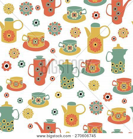 Vector Vintage Tes Pots, Tea Cups, Seamless Pattern Background