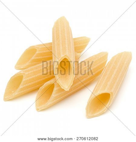 Italian pasta isolated on white background. Pennoni. Penne rigate.