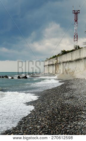 Breakwater Wall On The Black Sea On A Cloudy Day