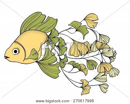 Goldfish With Ginkgo Leaves Tail Outline Hand Drawn