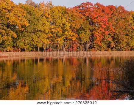Autumn At The Lake.
Water Reservoir, Reservoir. A Calm Windless Day, A Smooth Surface Of Water. Shor