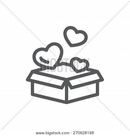Open Gift Box With Flying Little Heart Shapes - Romantic Surprise Concept In Line Icon With Editable