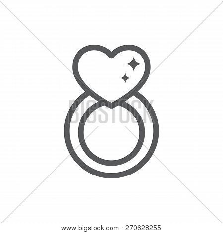 Jewelry Ring With Big Shiny Diamond In Form Of Heart Line Icon With Editable Stroke.