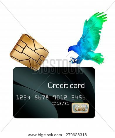 An EMV chip and a hologram eagle fly above a credit card to illustrate security features on a card.