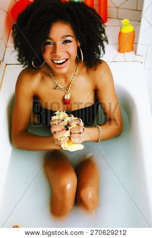 Young Pretty African American Girl Taking Bath With Foam, Lifest