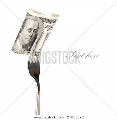 흰 배경에 고립 된 포크에 백 달러