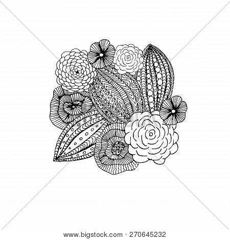 Floral Graphic Monochrome Element For Coloring Book, Antistress Page, Hand Drawn Design Element Stoc