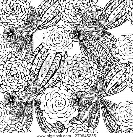 Floral Seamless Pattern For Coloring Book, Antistress Page, Hand Drawn Design Element Stock Vector I