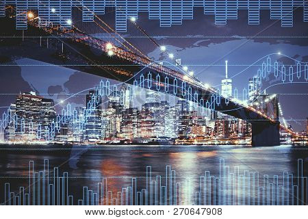 Night City Background With Digital Forex Chart. Trade And Finance Concept. Double Exposure